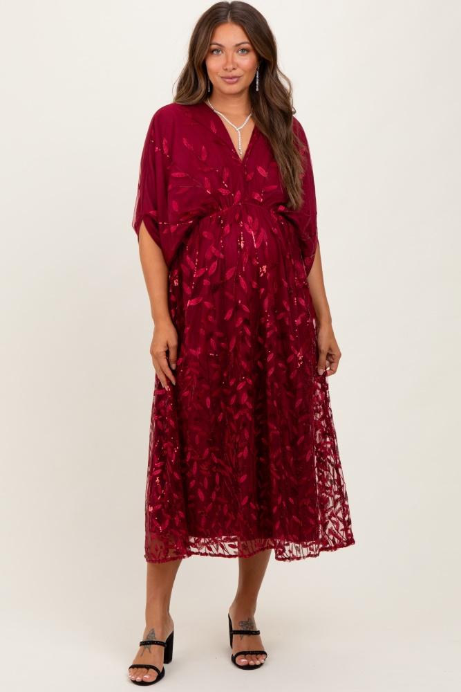 burgundy embroidered tulle dolman v-neck maternity midi dress