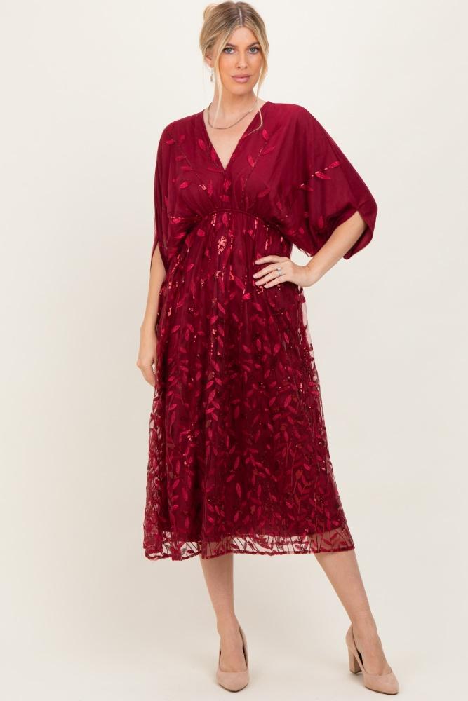 burgundy embroidered tulle dolman v-neck midi dress