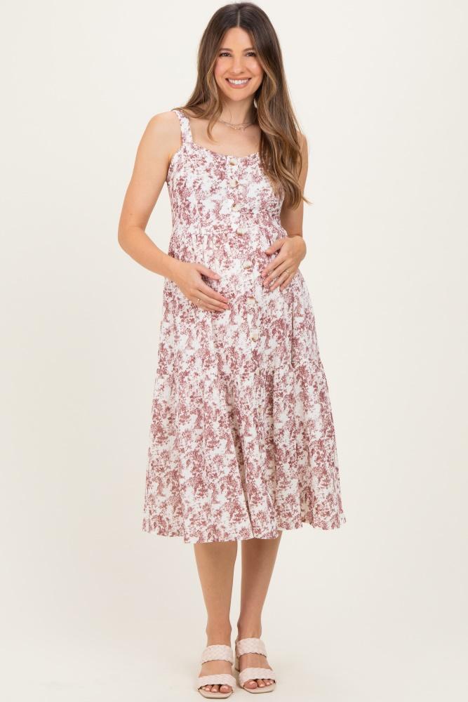 burgundy floral button down tiered maternity dress
