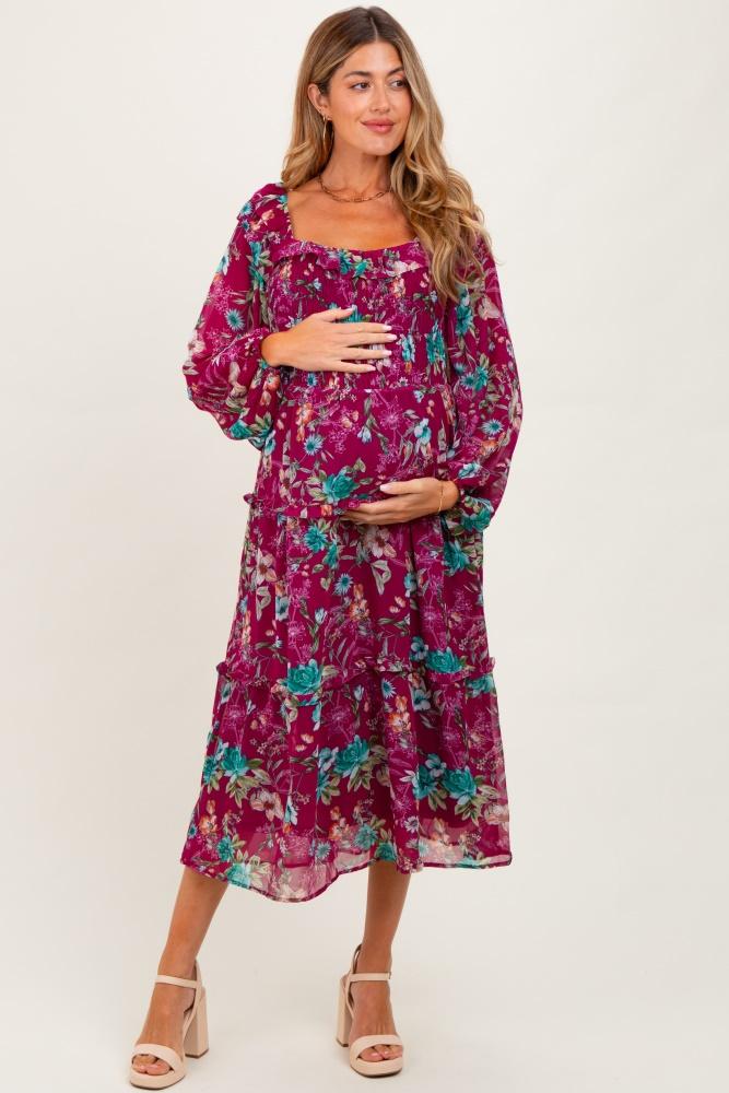 burgundy floral chiffon smocked ruffle tiered maternity midi dress