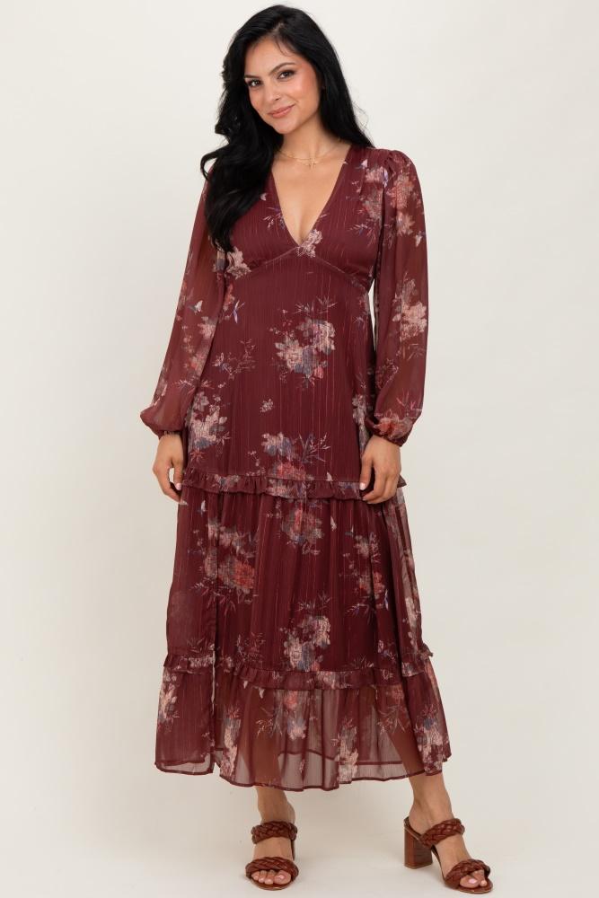 burgundy floral chiffon v-neck long sleeve maxi dress