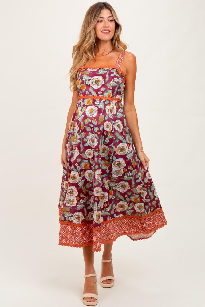 burgundy floral contrast print sleeveless maternity midi dress