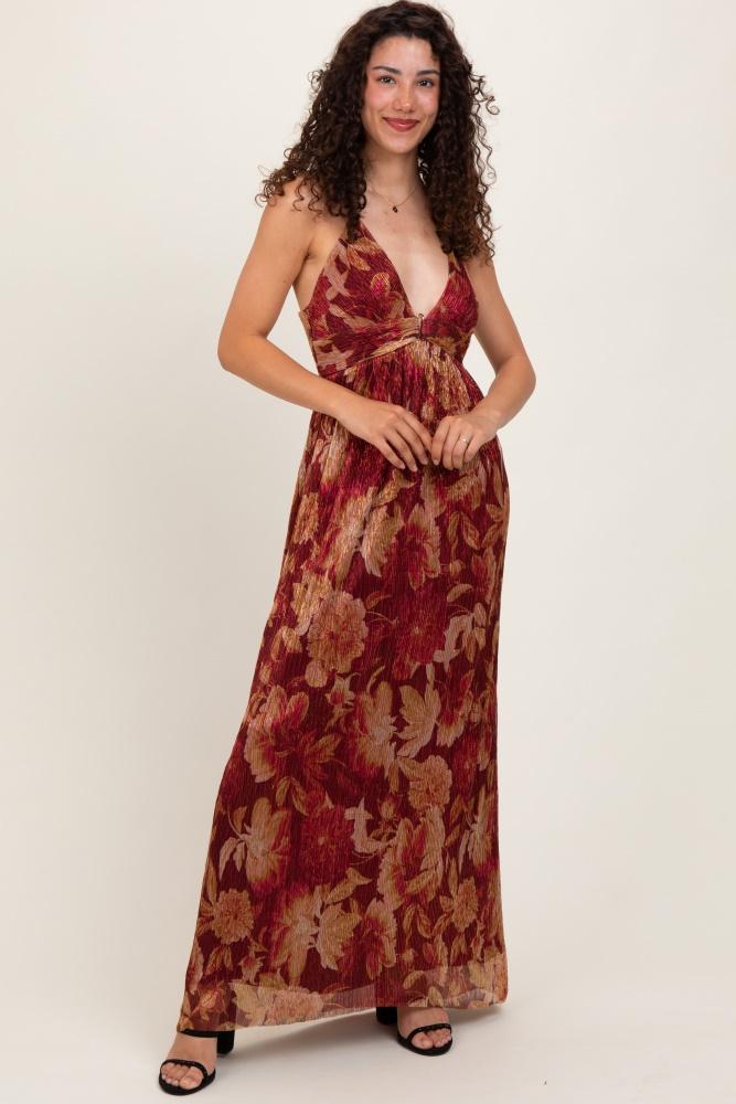 burgundy floral deep v-neck back cutout maxi dress