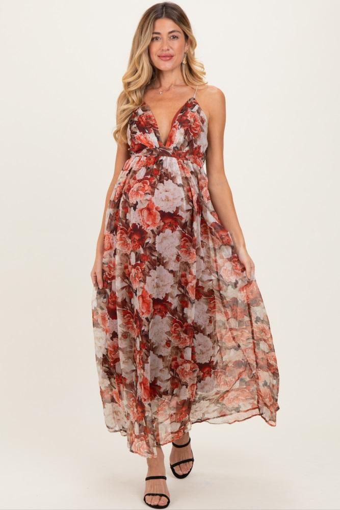 burgundy floral deep v-neck open back maternity maxi dress