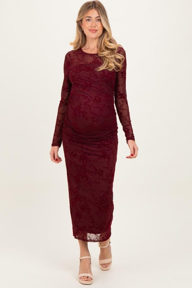 burgundy floral flocked mesh long sleeve maternity midi dress