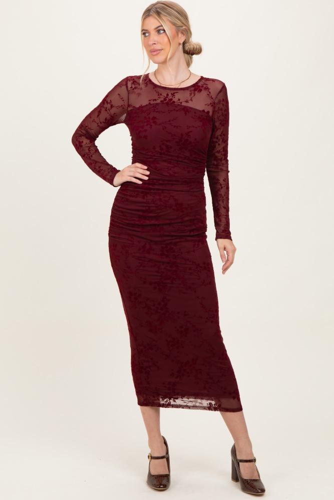 burgundy floral flocked mesh long sleeve midi dress