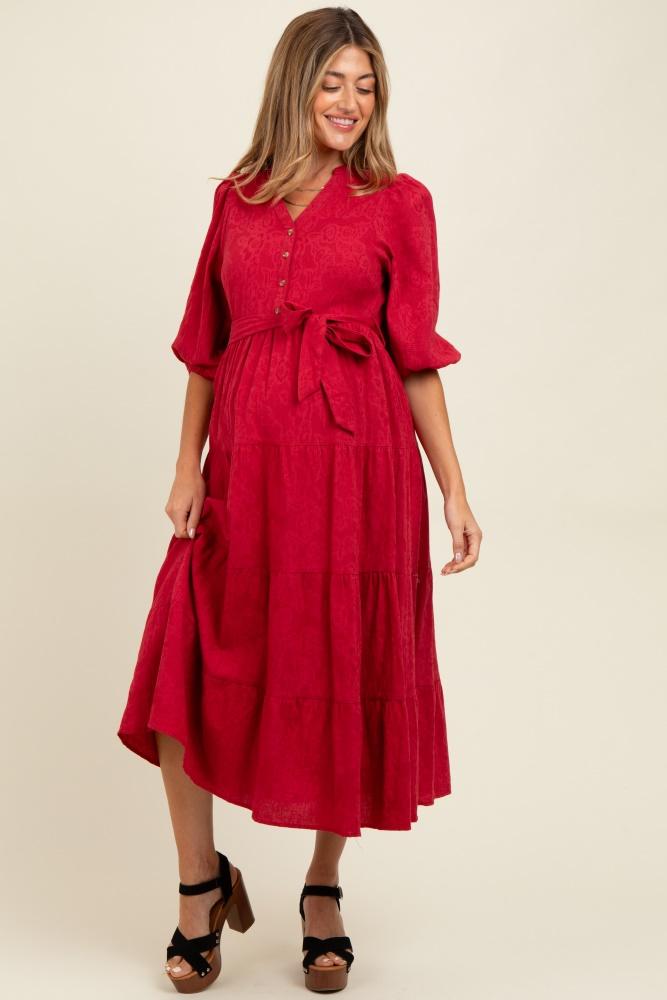 burgundy floral jacquard button front tiered maternity dress