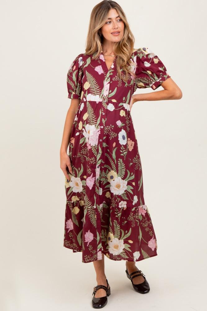 burgundy floral puff sleeve button down maternity midi dress