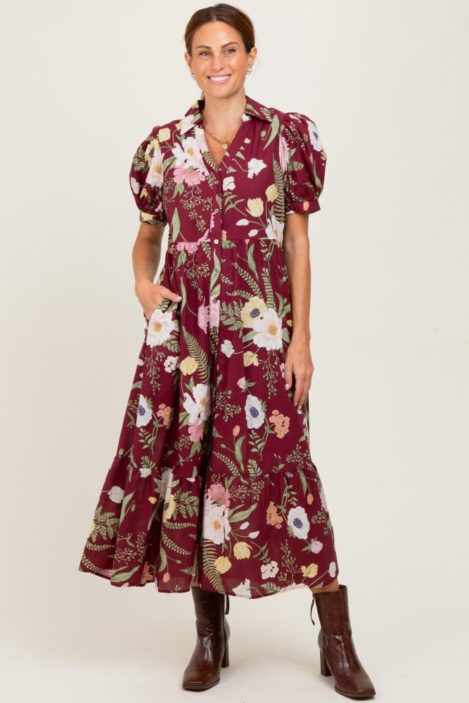 burgundy floral puff sleeve button down midi dress