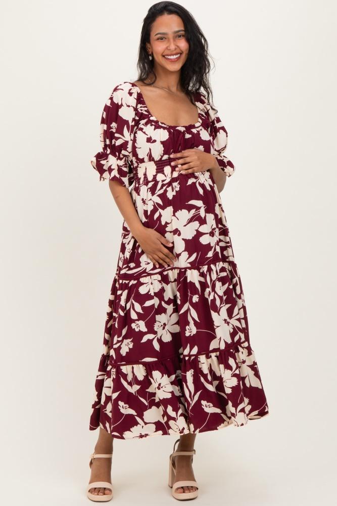 burgundy floral short sleeve square neck tiered maternity maxi dress