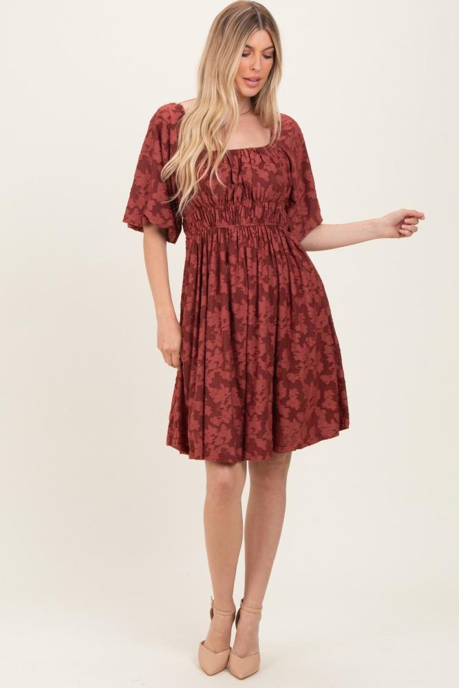burgundy floral square neck dress