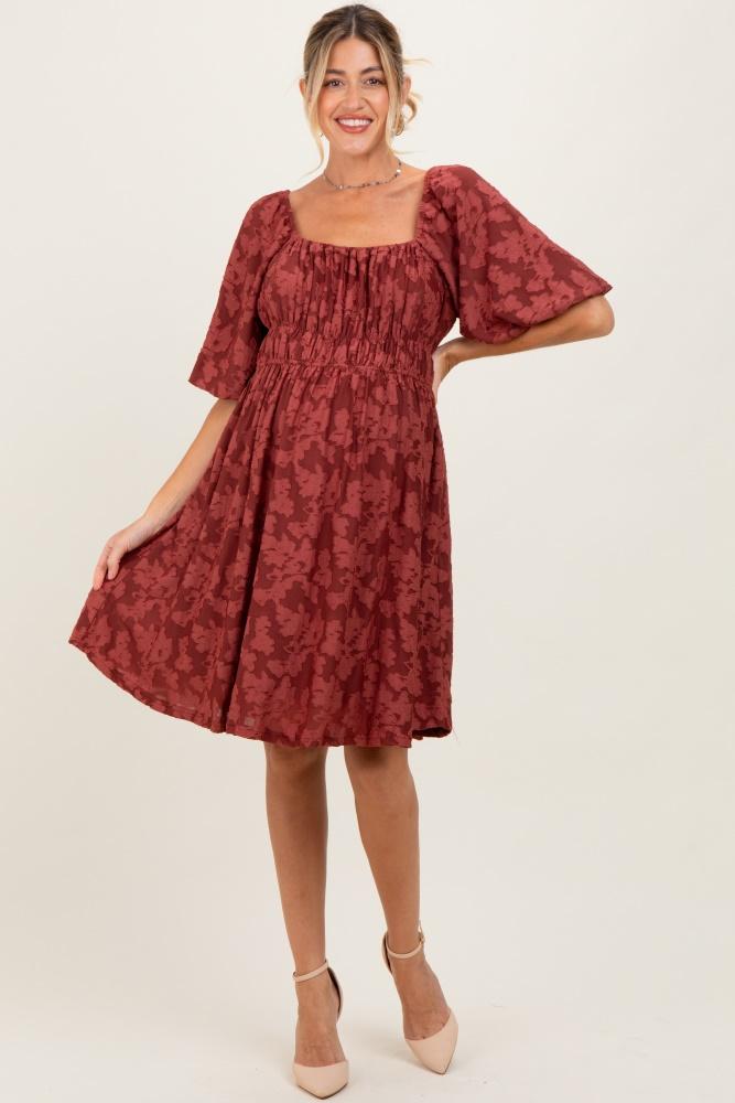 burgundy floral square neck maternity dress