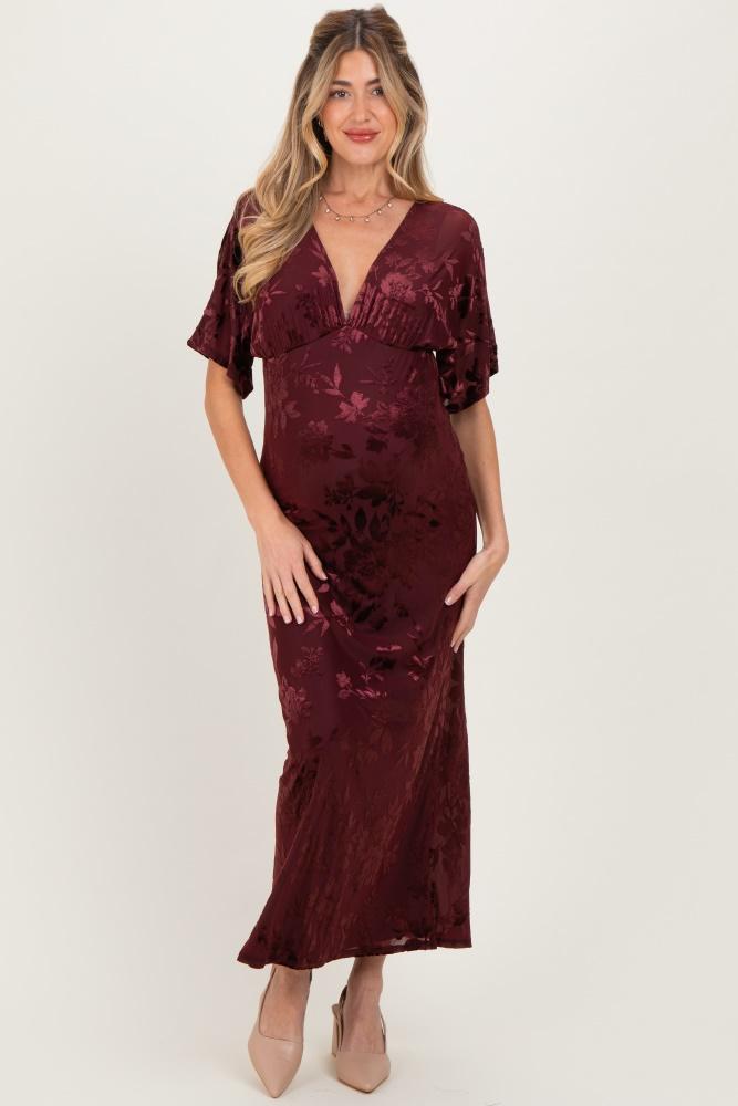 burgundy floral velvet v-neck short sleeve maternity maxi dress