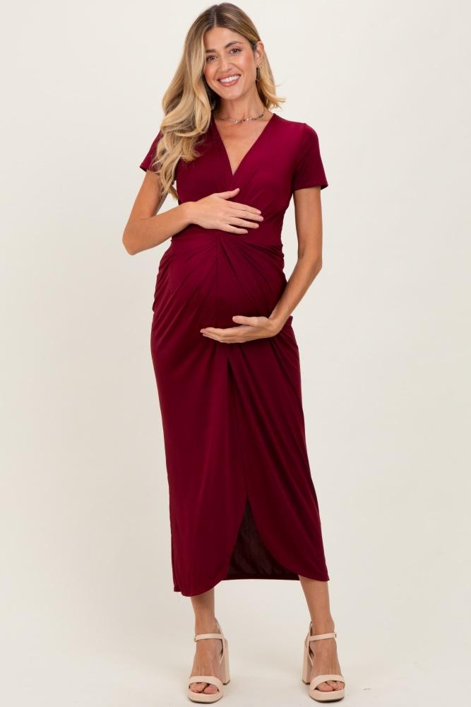 burgundy gathered front short sleeve maternity maxi dress