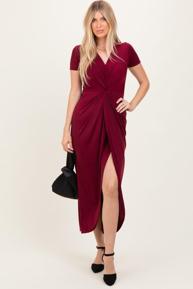 burgundy gathered front short sleeve maxi dress