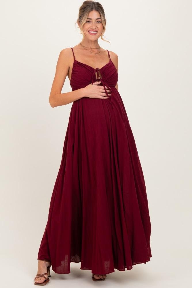 burgundy gathered tie front maternity maxi dress