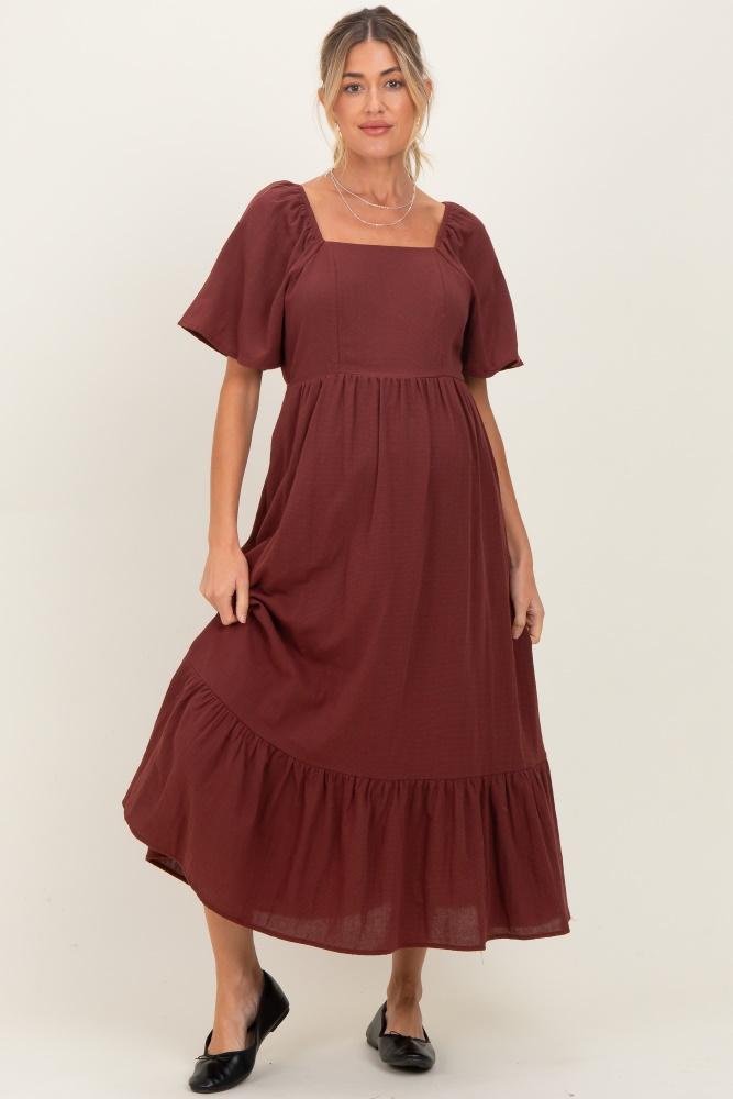 burgundy gingham square neck ruffle maternity midi dress