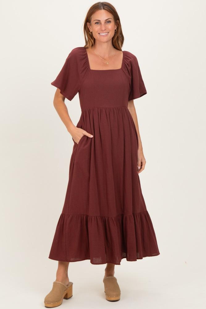burgundy gingham square neck ruffle midi dress