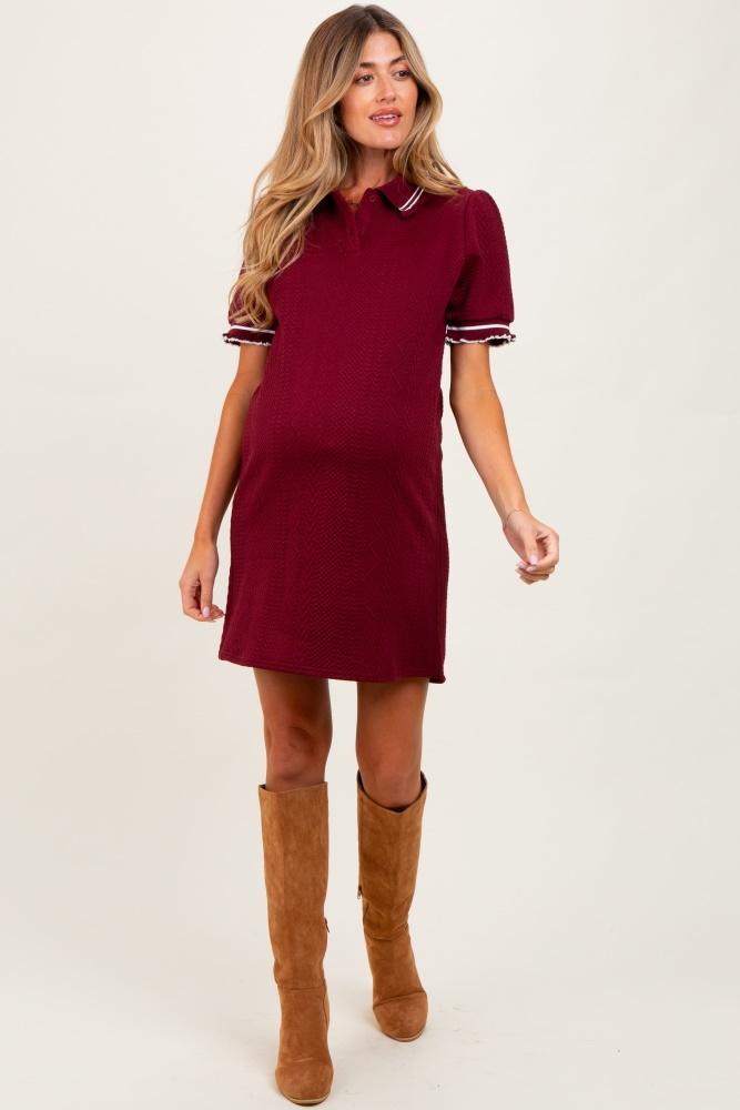 burgundy jacquard ruffle accent maternity polo dress
