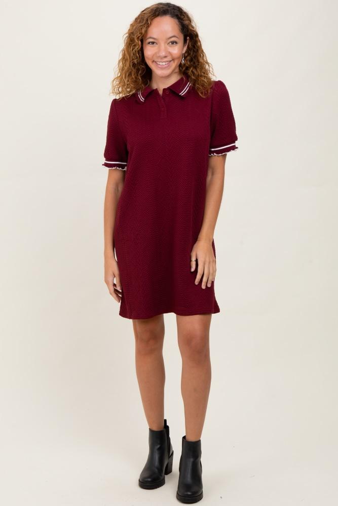 burgundy jacquard ruffle accent polo dress