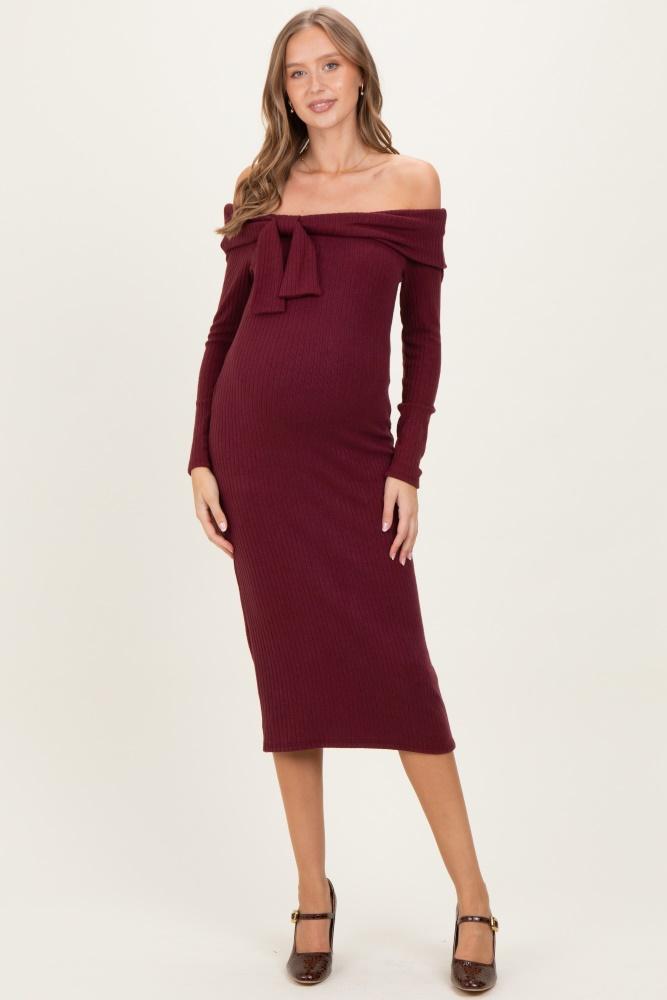 burgundy knit off shoulder bow detail maternity midi dress
