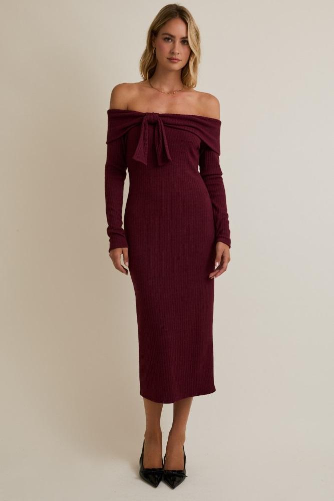 burgundy knit off shoulder bow detail midi dress