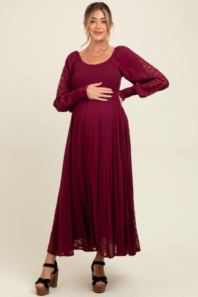 burgundy lace inset smocked maternity maxi dress