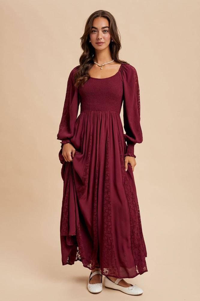 burgundy lace inset smocked maxi dress