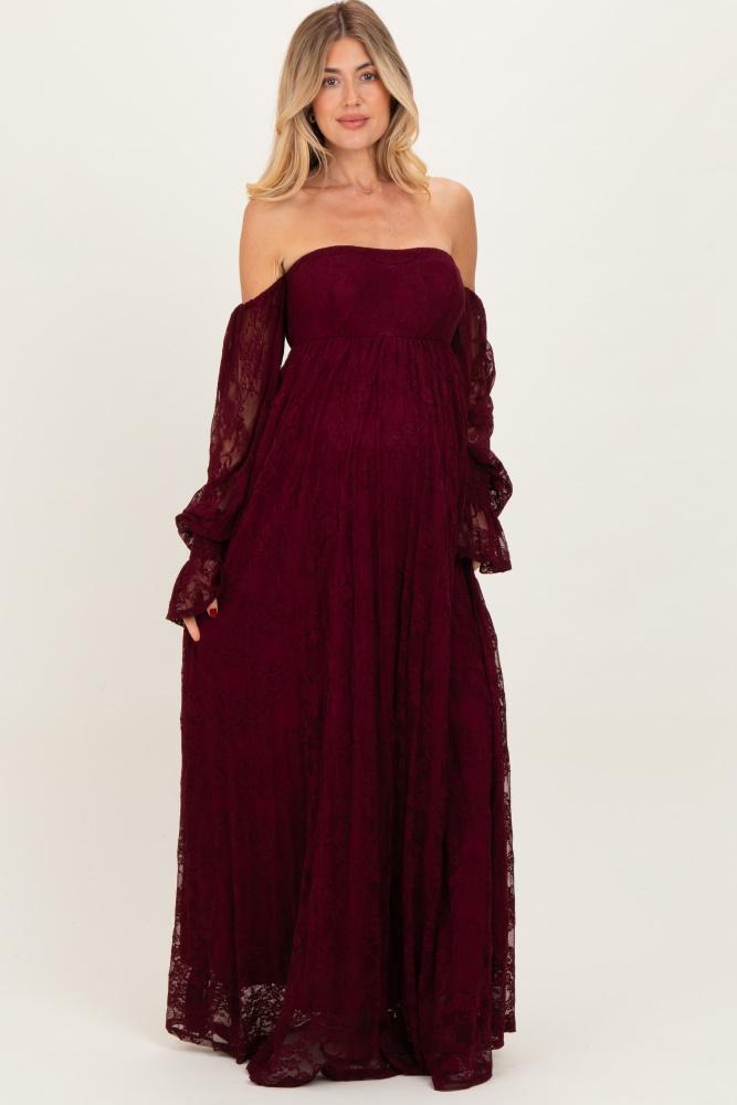 burgundy lace smocked long sleeve off shoulder maternity maxi dress