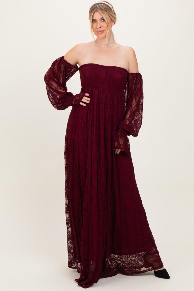 burgundy lace smocked long sleeve off shoulder maxi dress