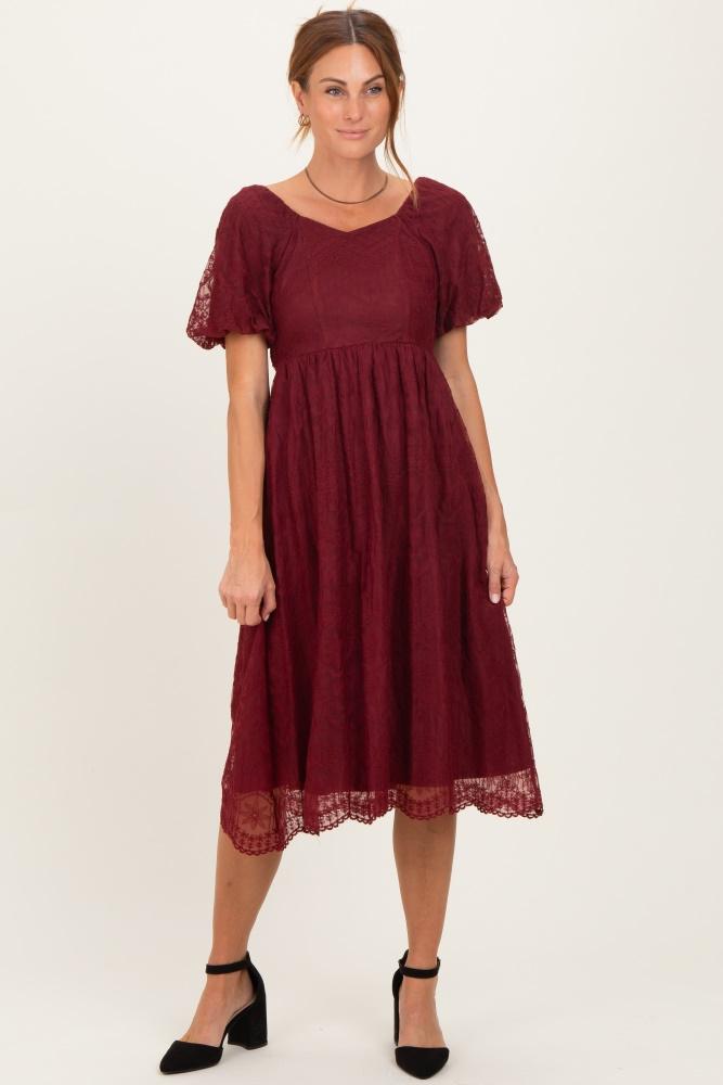 burgundy lace sweetheart neck short sleeve midi dress