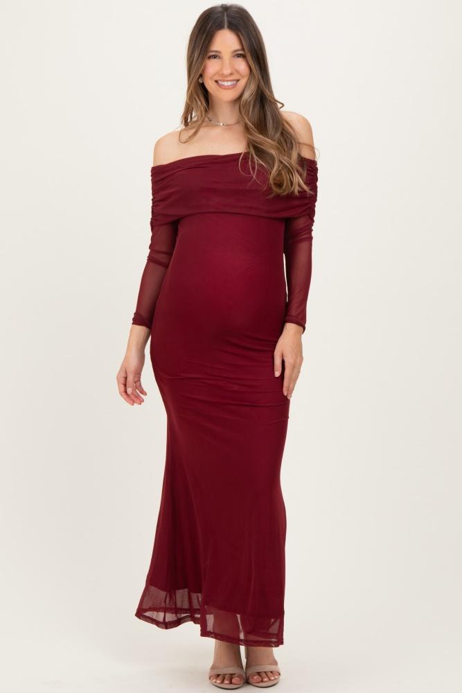 burgundy mesh off shoulder long sleeve maternity maxi dress