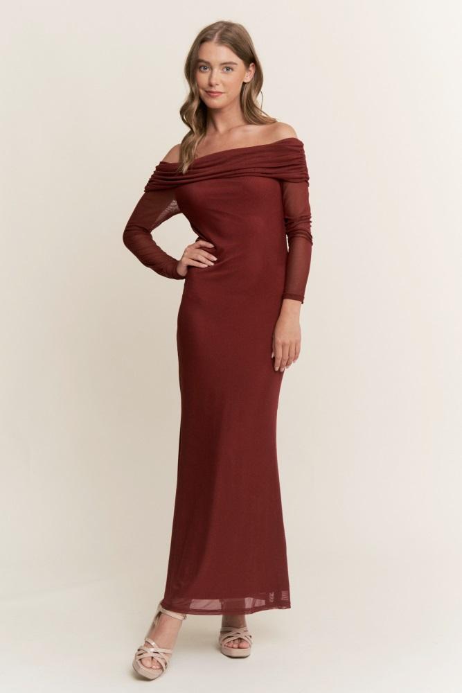 burgundy mesh off shoulder long sleeve maxi dress