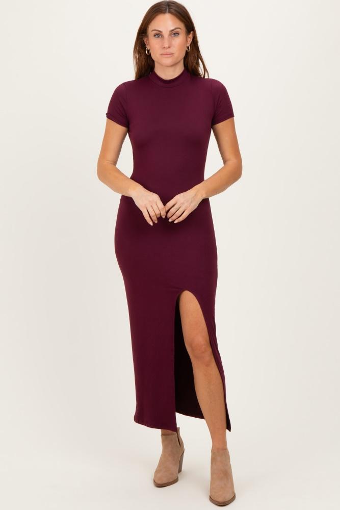 burgundy mock neck front slit short sleeve maxi dress
