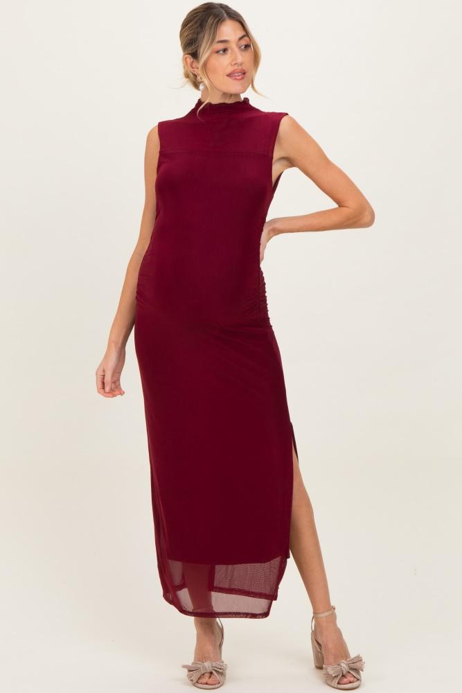 burgundy mock neck ruched mesh maternity midi dress