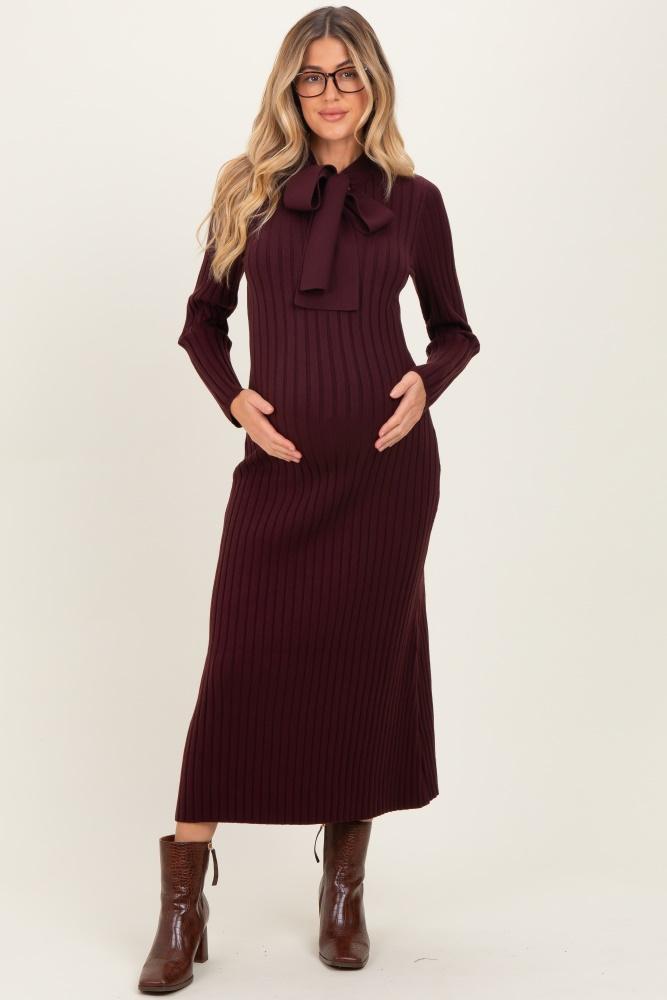 burgundy neck tie sweater maternity dress