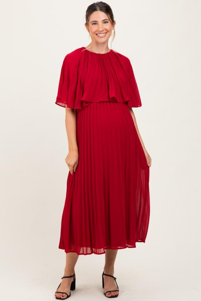 burgundy pleated cape maternity midi dress