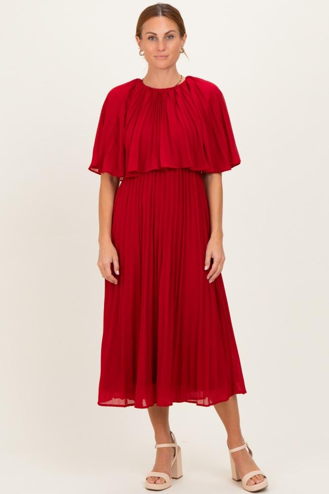 burgundy pleated cape midi dress