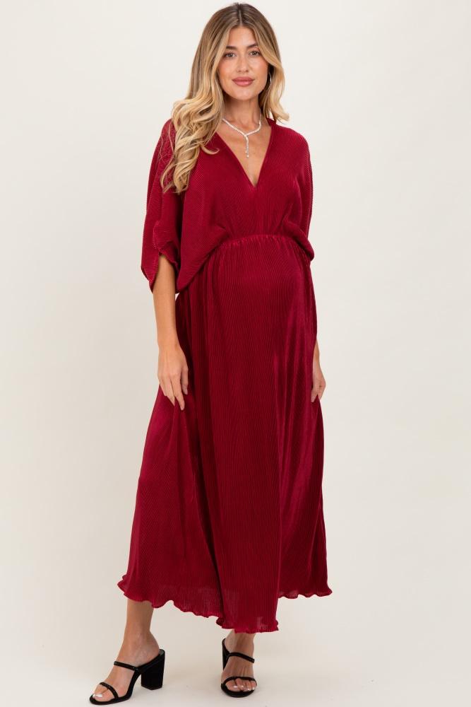 burgundy pleated satin dolman sleeve maternity maxi dress