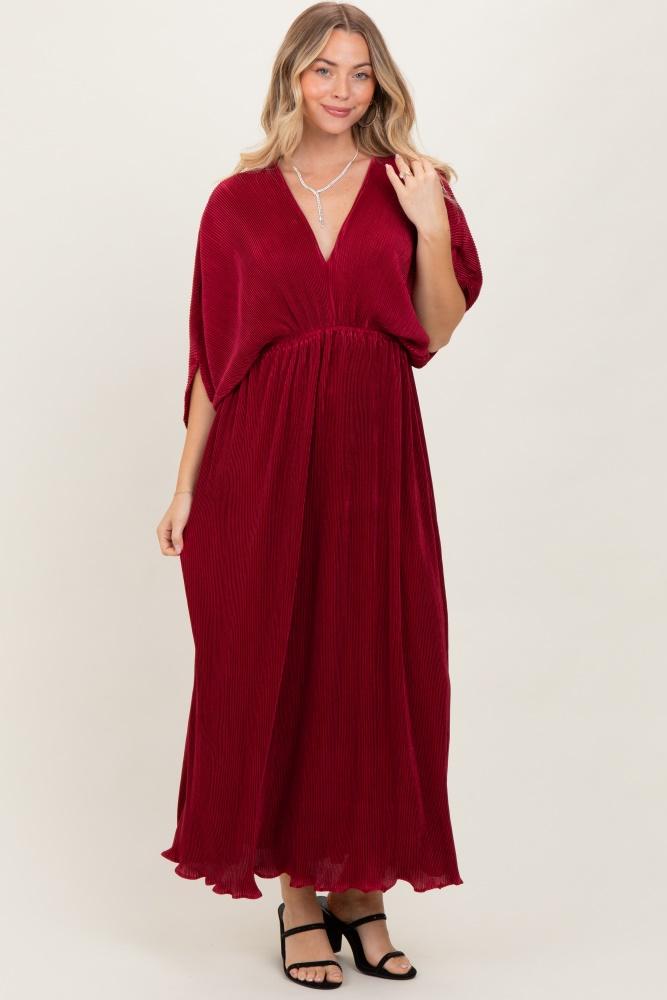 burgundy pleated satin dolman sleeve maxi dress