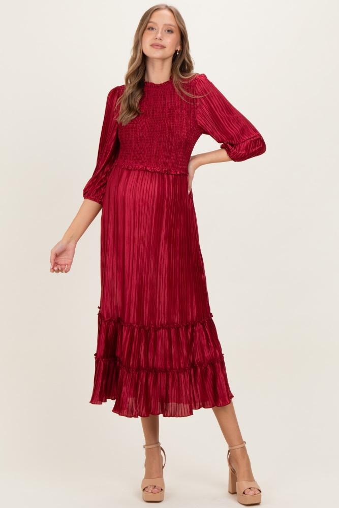 burgundy pleated satin smocked bodice maternity midi dress