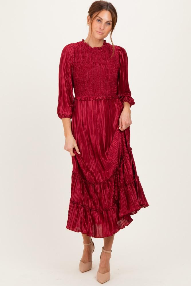 burgundy pleated satin smocked bodice midi dress