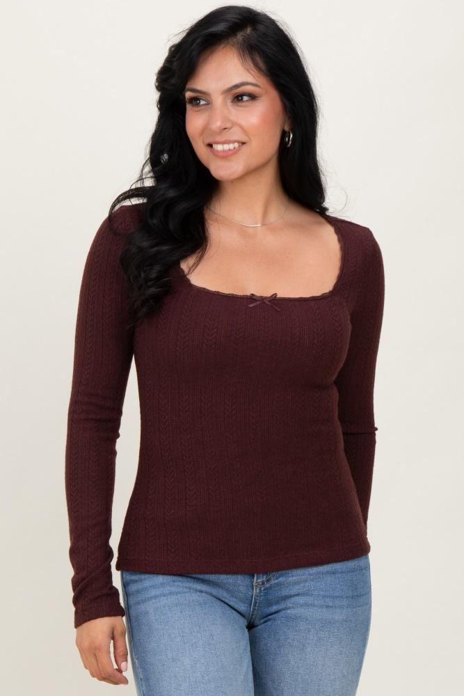 burgundy pointelle knit lace trim square neck top