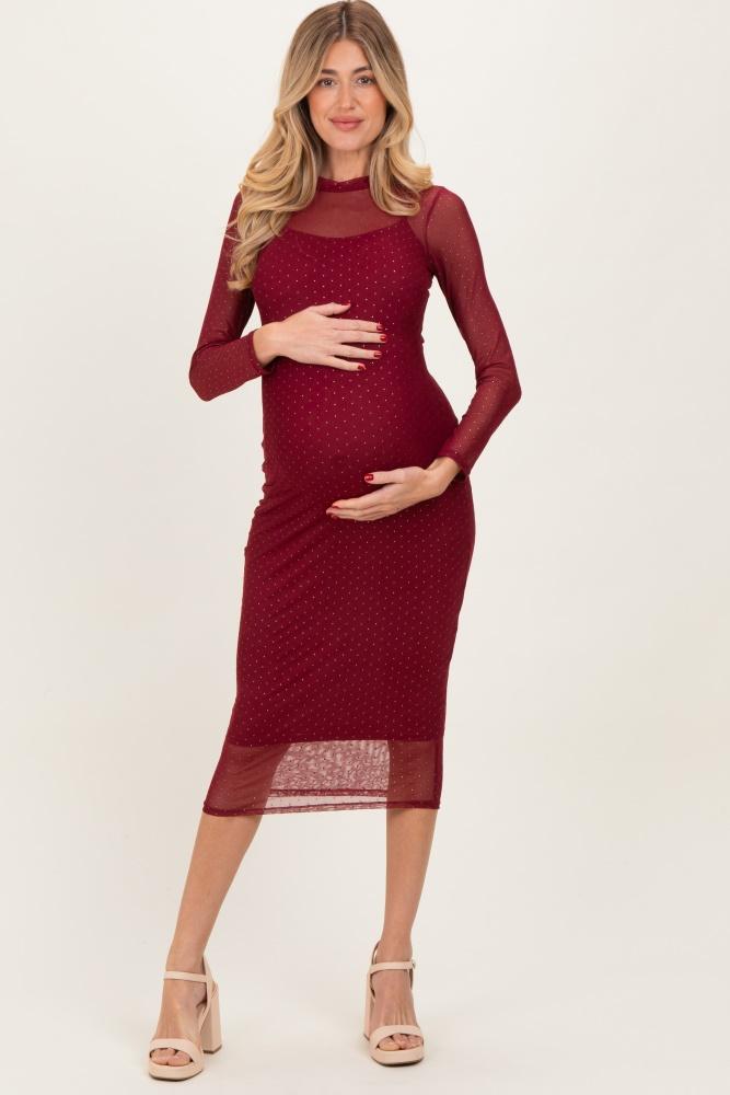 burgundy printed mesh long sleeve maternity midi dress