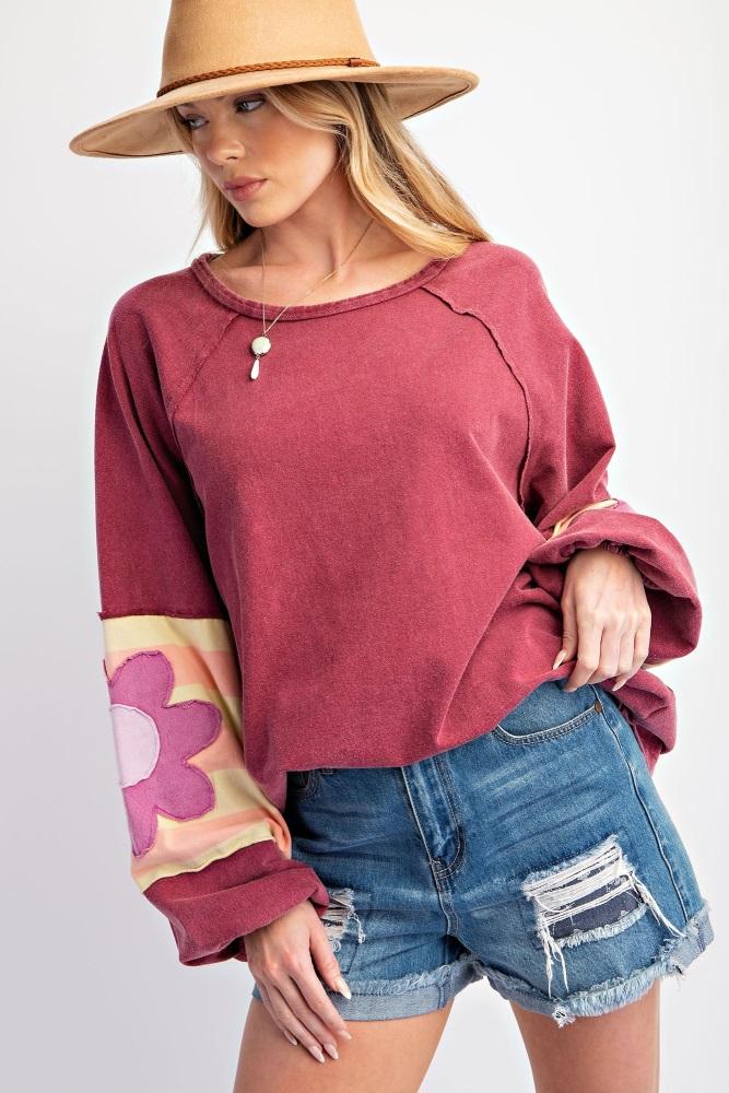 burgundy raw edge flower patch top