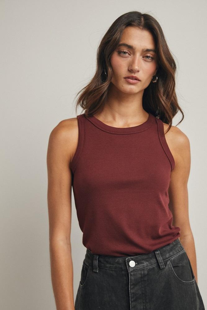 burgundy ribbed basic crew neck tank