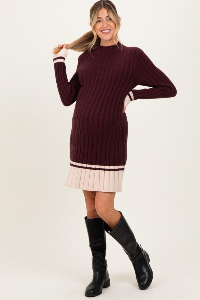 burgundy ribbed contrast hem maternity sweater dress