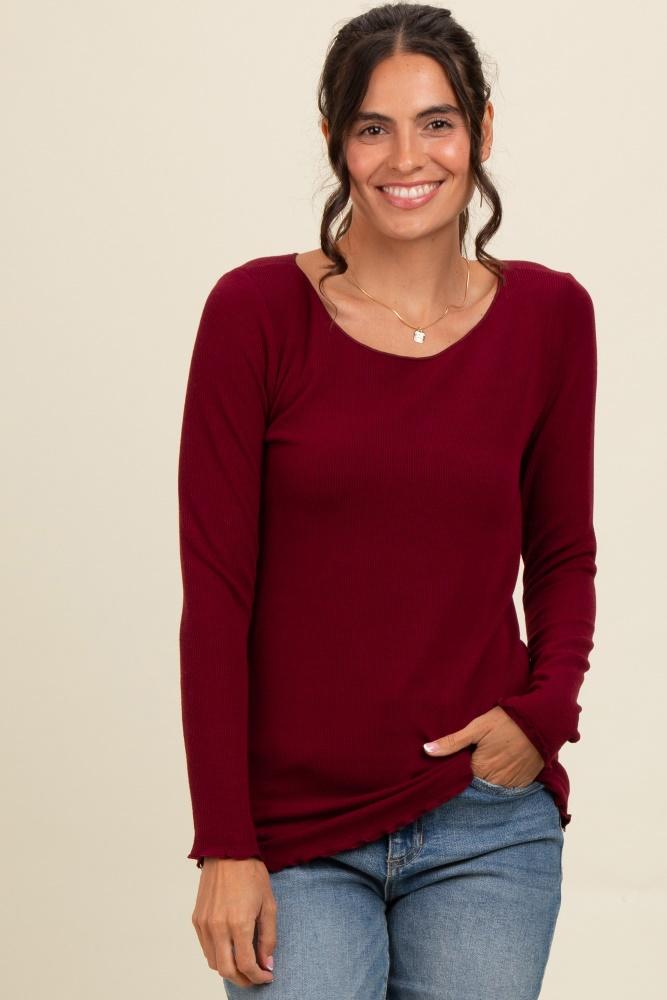 burgundy ribbed knit long sleeve lettuce hem top