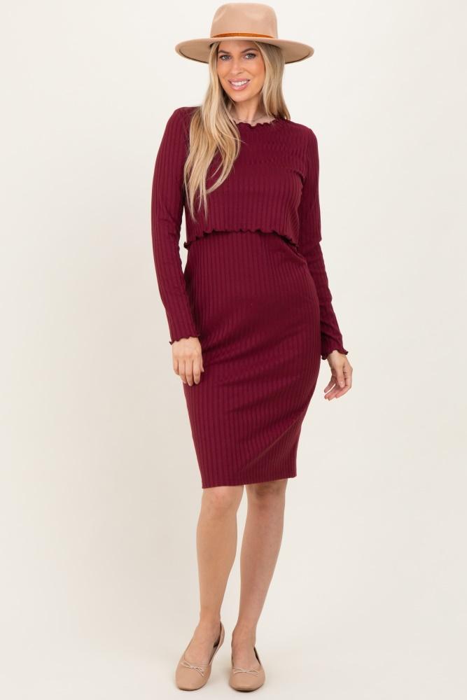 burgundy ribbed knit long sleeve nursing dress