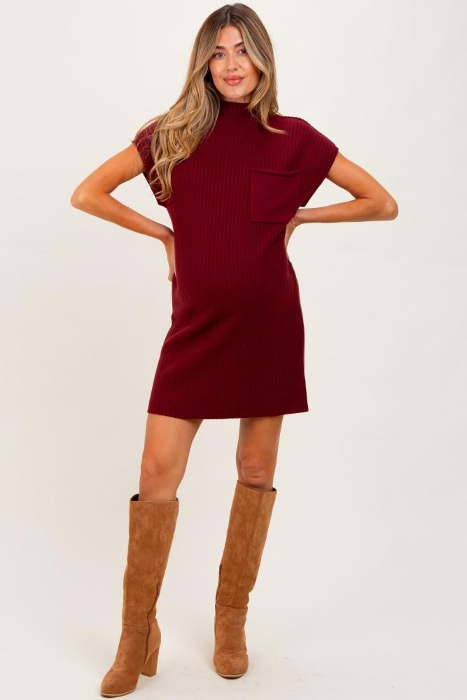 burgundy ribbed knit maternity short sleeve sweater dress